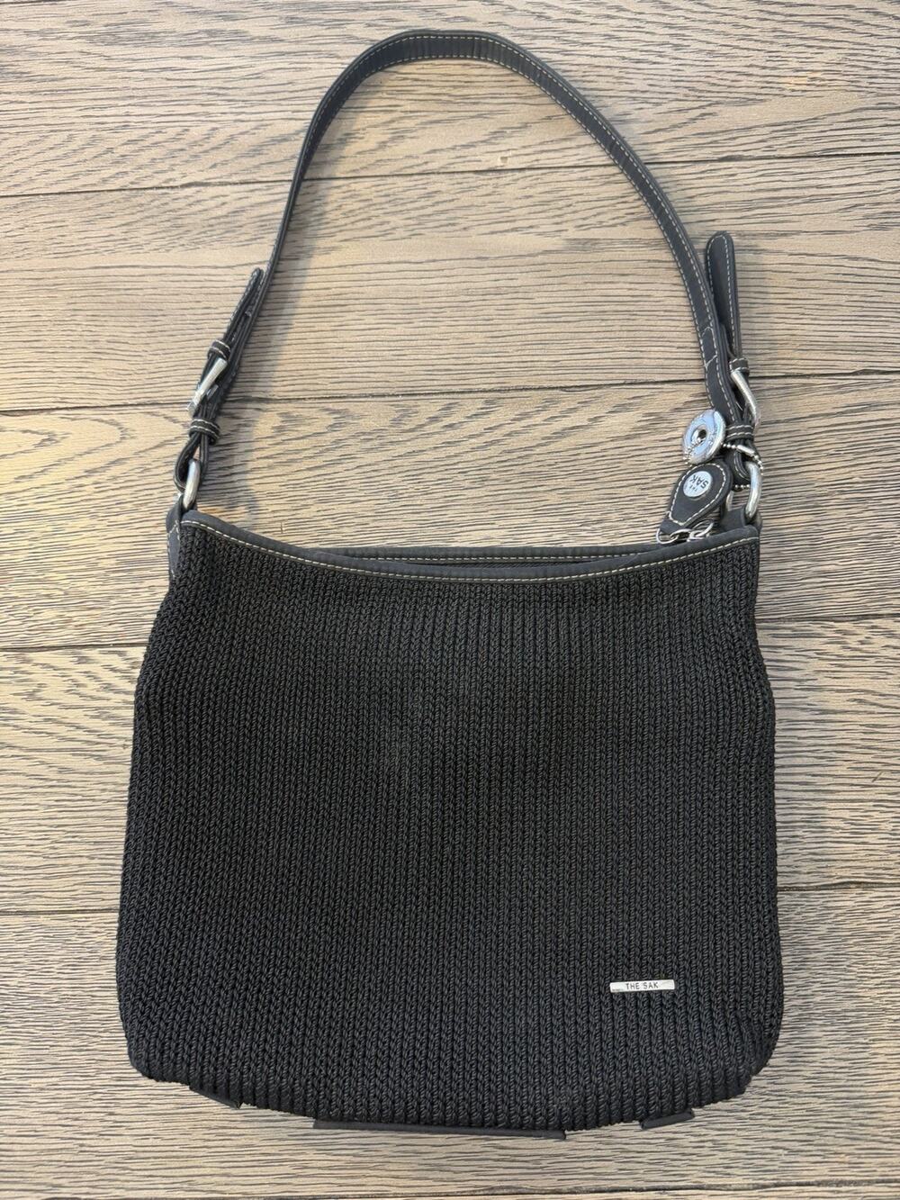 The Sak Women's Black Woven Crochet Knit Shoulder Bag Purse Adjustable Strap